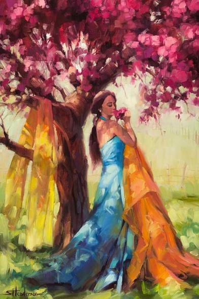 Art print of an original oil painting depicting a young woman under a blossoming tree in spring.