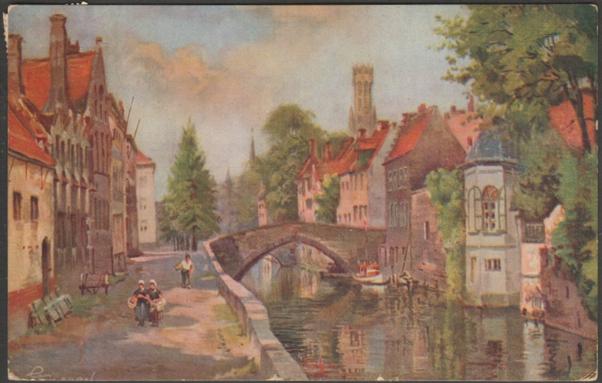 Printed colour postcard showing an illustration of the Quai Vert at Bruges in Belgium.

Published by E. Verbeke, Bruges, No 34.

Postally used on 26 August 1929 with double circle Woodhall Spa cancellation on two green halfpenny Postal union Congress 1929 stamps and sent to Miss Theo Mone, Claremont, Stanley Park Road, Wallington, Surrey.

Good condition, with slight corner bumps.