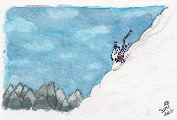 Watercolour painting of Hornet from Hollow Knight skiing down a snowy slope on a pleasantly cloudy day, with a forest of wintry trees in the distance. Hornet is a bug-like creature with a white face that makes me think of a stylised bunny personally. She wears a red poncho and a blue knitted hat and scarf.