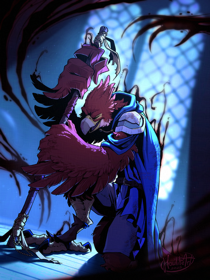 Digital art of a red-feathered anthro avian in a dark study with moonlight shining down from the tall ornate window behind him. He is struggling against an overwhelming dark force, clawed shadows having brought him to his knee and leaning heavily against his staff. Tendrils of clinging shadows rise from his cloak.
