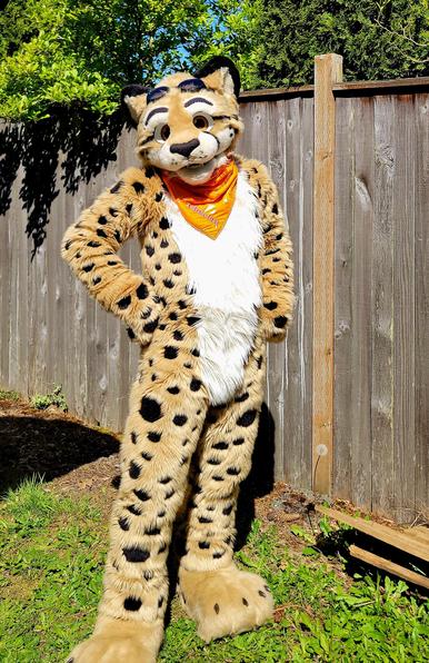 Fursuit photo of Obscura standing in a yard with a fence behind them. They have their handpaws at their hips and are wearing a shiny orange bandana