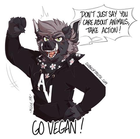 Digital doodle of an anthro boar exhorting you to go vegan !!!