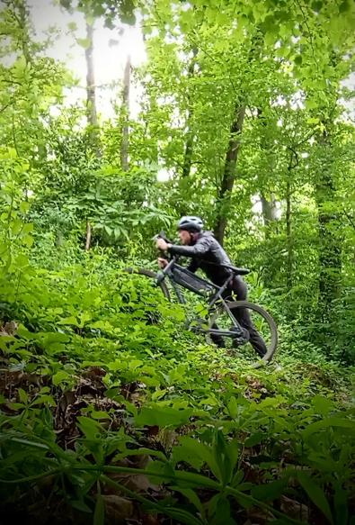 A human is pushing his bike up the slope in the middle of green vegetation.