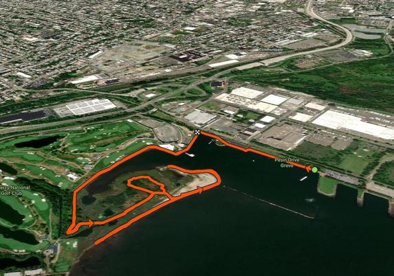 Satellite map view of the Caven Point preserve area showing a red GPS track winding through the point.