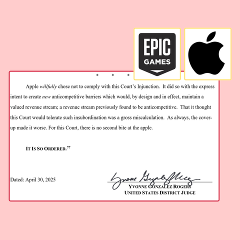 Screenshot of the US ruling:

Apple willfully chose not to comply with this Courts Injunction. It did so with the express
intent to create new anticompetitive barriers which would, by design and in effect, maintain a
valued revenue stream; a revenue stream previously found to be anticompetitive. That it thought
this Court would tolerate such insubordination was a gross miscalculation. As always, the cover-
up made it worse. For this Court, there is no second bite at the apple.

IT IS SO ORDERED.”
Dated: April 30, 2025 Le fgetolflecs

YVONNE GONZALEZ ROGER
UNITED STATES DISTRICT JUDGE