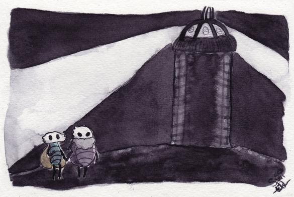 Watercolour painting of the lighthouse which stands on the shores of the void sea in the Abyss of Hollow Knight. It is an ornate, tall structure, with stained glass windows at the top, and beams of light pour forth from them. In the distance stand two little guys, a little lavender purple fellow with a soft grey beard, and his boyfriend, a little teal guy with gold wings. They are holding hands because they love each other very much.