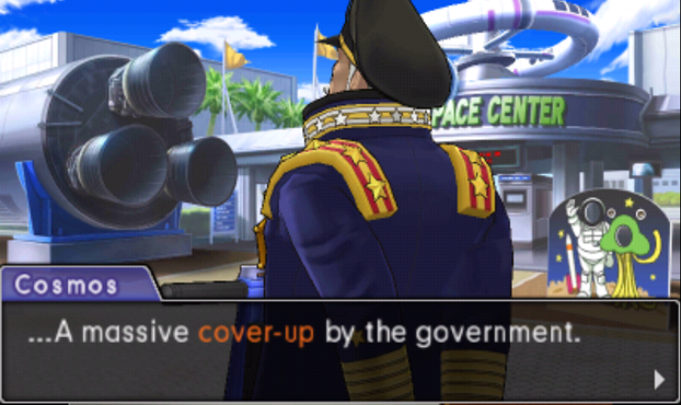 A screenshot from Ace Attorney: Dual Destinies. Captain Yuri Cosmos, a space centre director in military dress, has his back turned to the camera. The caption reads: "...a massive cover-up by the government."
