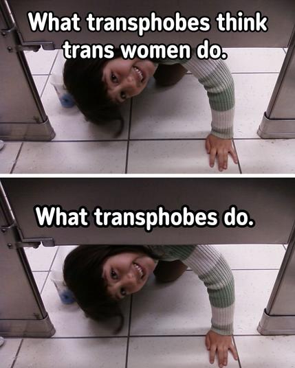 What transphobes think trans women do:
[Photo of a woman peeking underneath a toilet door]

What transphobes do:
[The same photo of a woman peeking underneath a toilet door]