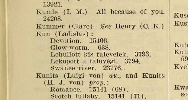a listing of song compositions in a ledger, with some by Ladislas Kun