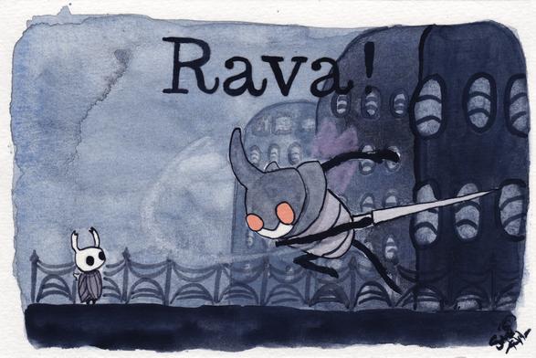 Watercolour painting of a winged sentry from Hollow Knight taking a swing at the Knight with their sword in the City of Tears. The Knight looks on unimpressed. The word “Rava!” is painted in quaint lettering.