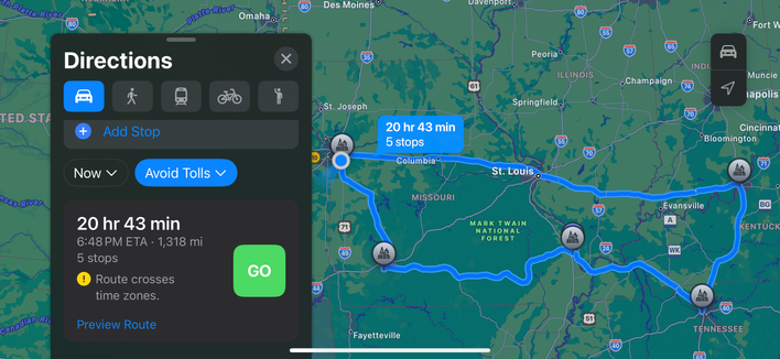 Sideways screenshot showing a map with a long loop going from KC, MO to Louisville, KY to Nashville, TN to Cape Girardo Mo, to Springfield MO to home back in the KC burbs. 20 hours and 43 mins so says Apple Maps. It took me 33.