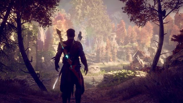 A figure stands in a forest clearing, facing a serene landscape with vibrant autumn foliage, a river, and ancient ruins. The character is equipped with a bow and arrows, suggesting a role in an adventurous or fantasy setting.