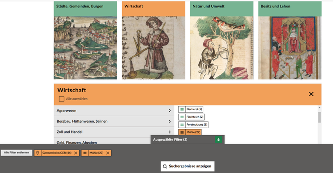 Screenshot des Themenportals "Urkunden der Pfalzgrafen" mit vier bebilderten Kacheln zu den Themen "Städte, Gemeinden, Burgen", "Wirtschaft", "Natur und Umwelt" sowie "Besitz und Lehen". Die Kachel "Wirtschaft" ist ausgewählt und die damit verknüpften Schlagworte werden angezeigt wie beispielsweise "Agrarwesen", "Bergbau, Hüttenwesen, Salinen" oder "Zoll und Handel".