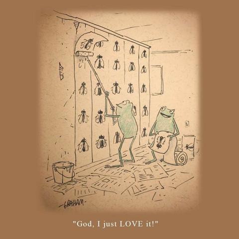 A cartoon illustration of a two frogs putting up wallpaper with a fly design. Caption reads "God, I just LOVE it!"