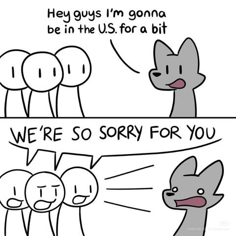 Wolf: "Hey guys, I'm going to be in the US for a bit."

Crowd: "We're so sorry for you!"