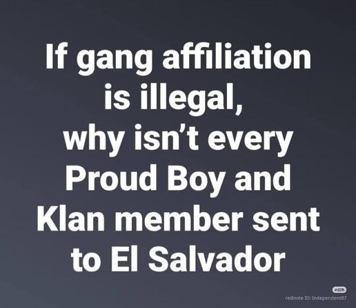 If gang affiliation is illegal, why isn't every Proud Boy and Klan member sent to El Salvador

小红书

rednote ID: Independent8?