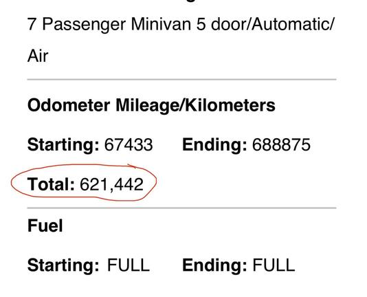 Partial screenshot of the final invoice indicating starting and ending mileage with a total 621k miles on our trip.