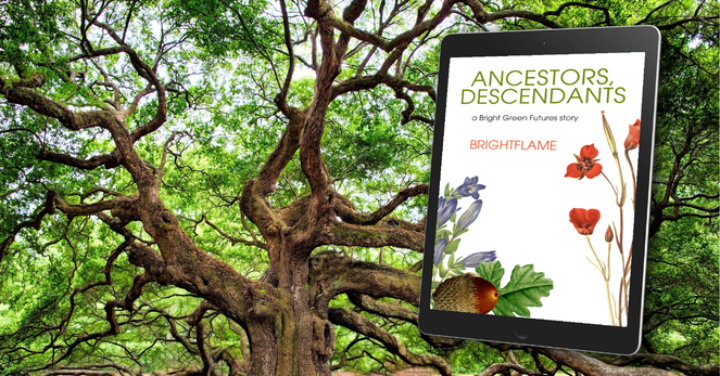 crown of a massive tree with thick branches and green leaves. Book cover in foreground has white background with delicate flowers.