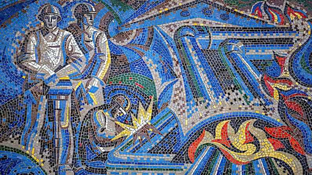 mural mosaic showing miners at work