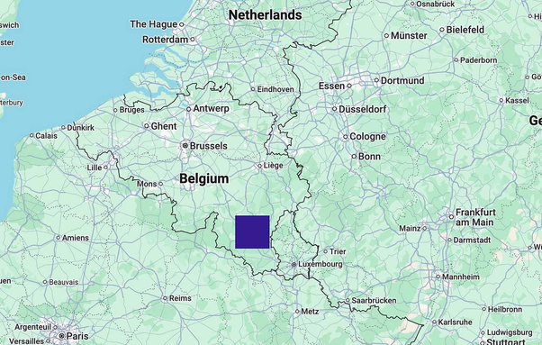 Die bisher erforschte Fläche (blaues Viereck) entspricht rund einem Zehntel von Belgien und ist kleiner als Vorarlberg