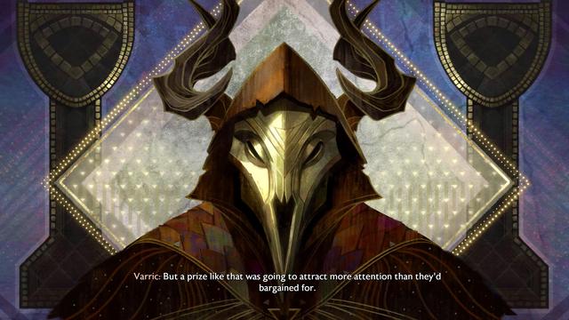An artistic depiction of a figure wearing a mask resembling a bird's beak, adorned with antlers. The background features abstract patterns and vibrant colors. Text at the bottom quotes a character named Varric.