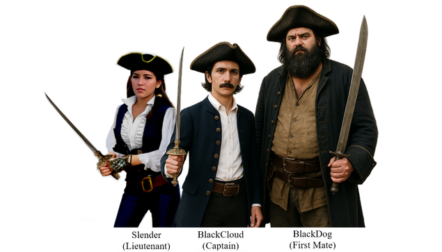 A picture of three pirates

Slender
(Lieutenant)
A smartly dressed, pretty young lady aged about 20, wielding a rapier

BlackCloud
(Captain)
A short, slim smartly dressed man with a moustache, wielding a rapier

BlackDog
(First Mate)
A big, ugly man with a full beard, wielding a broadsword