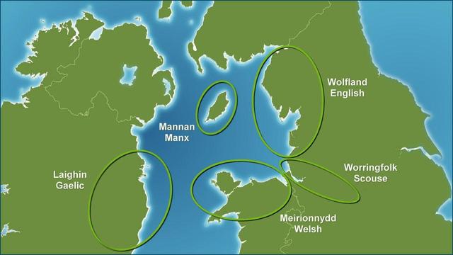 a map of the Irish Sea with territories labelled Laighin, Mannan, Meirionnydd, Wolfland and Worringfolk - and languages spoken in the respective territories Gaelic, Manx, Welsh, English and Scouse