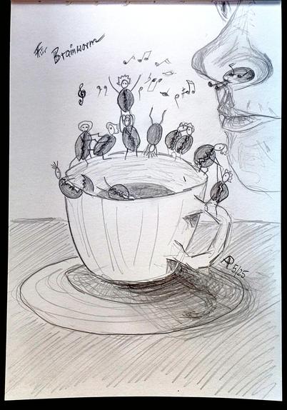 Eine Kaffeetasse, auf deren Rand Kaffeebohnen tanzen. Darüber Mund und Nase eines Menschen. Durch die Luft fliegen Noten, die von der Menschennase eingeatmet werden. Über dem Bild steht "für Brainworm".