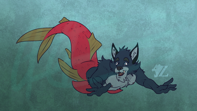 Fionn, a merwolf, swims ahead while looking behind him with a jovial expression. He is mostly gray in color, with a lighter gray muzzle and underbelly, and blue eyes. His lower half is that of a sockeye salmon, bright pink in body with tan fins.