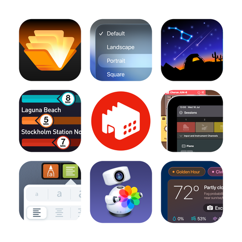 Eight examples of work including app icons, UI design, character design, and liquid glass effect on an app icon.