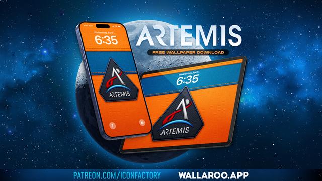 An iPhone and iPad displaying a lock screen of the logo of the Artemis space program from NASA. The logo is embroidered as a black mission patch against a field of bright orange fabric with a bold blue stripe at top. Text reads: Artemis • Free Wallpaper Download • Patreon.com/iconfactory • Wallaroo.app