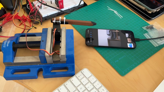A vice clamps onto a servo that has a capacitive stylus stripped to it. An Arduino stuck in a breadboard makes it periodically tap the stylus down on a toolbar button on an iPhone. That button enters image adjustment mode in my app and when it does, the button changes into the done button. Which means it’ll enter and exit the mode continuously. I have experienced a crash doing that about two or three times over the years and I am now on the hunt for that white whale.