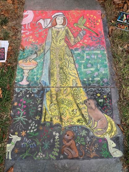 A chalk drawing on pavement based on a medieval tapestry; a female figure is standing, wearing a long yellow gown, feeding treats to a parrot on her hand; around her, flowers and animals abound. Background is red at the top, green the middle, and black in the bottom section.