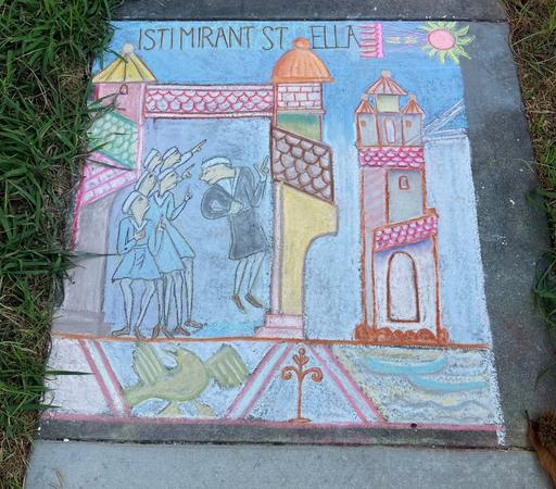A chalk drawing, pastel colors on pavement, based on a panel of the Bayeux Tapestry, featuring three architectural features, six human figures, a stylized comet, and the words ISTI MIRANT STELLA