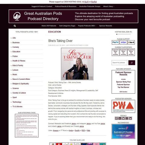 She's Taking Over - With Jenna Davies   
Screenshot of the podcast listing on the Great Australian Pods website