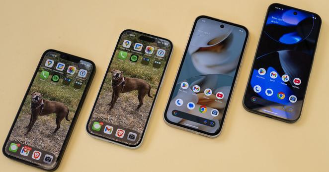 From left, the iPhone 16e, iPhone 16, Google Pixel 9A and Google Pixel 9.