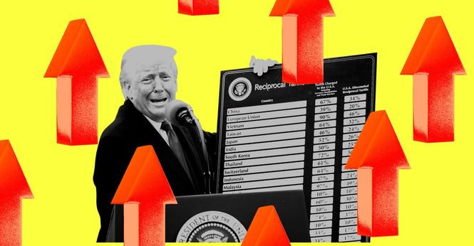Donald Trump holding a chart with red up arrows. Donald Trump holding a chart with red up arrows.