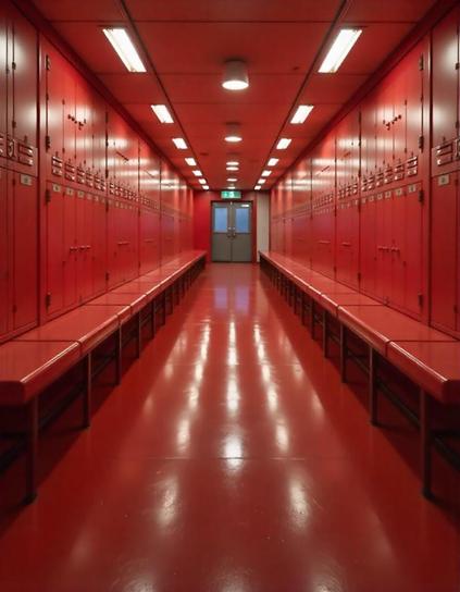 A view of an all-red locker room with individual lockers and benches on either side, with exit doors at the far end-centre of the image.