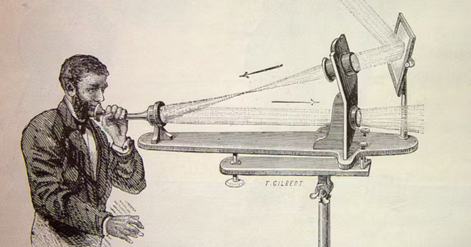 Engraving of Alexander Graham Bell's photophone, showing the receiver and its optics
