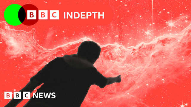 Two treated images, one of someone with thumb up towards a second image of a James Webb Space Telescope NIRCam Image of the “Cosmic Cliffs” in Carina Nebula