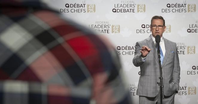 Bloc Québécois Leader Yves-Francois Blanchet speaks to the press after the French-language leaders' debate in Montreal, Wednesday, April 16, 2025. THE CANADIAN PRESS/Peter McCabe