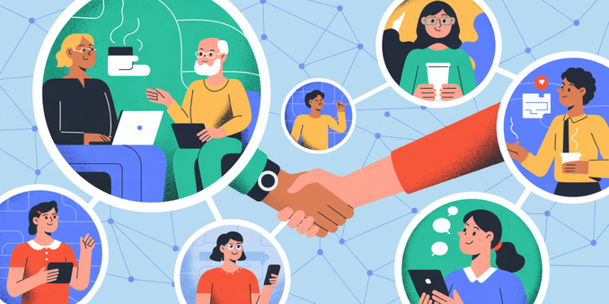 A modern infographic-style illustration depicting interconnected bubbles representing online communities. A large central bubble features older bloggers seated with laptops and coffee cups, while surrounding smaller bubbles showcase younger content creators utilizing various devices. Across the bubbles, people of diverse generations reach out to shake hands, symbolizing bridging generational gaps, while a subtle network of connecting lines resembling the Fediverse forms the background. The color palette uses balanced gradients of blues, greens, and oranges, highlighting the diverse faces of people representing various ages and backgrounds within “online communities”.