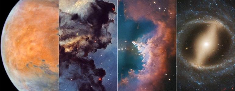 Composite shows portions of four Hubble images from left to right. First, the left half of Mars in shades of orange, blues, and browns. Second, a tiny portion of the Rosette Nebula shows very dark gray material against a translucent blue background. Third, a portion of planetary nebula NGC 2899 looks like the number three in shades of red and orange. Fourth, the center of barred spiral galaxy NGC 5335 has a milky yellow center that forms a bar surrounded by the beginnings of blue star-filled spiral arms.