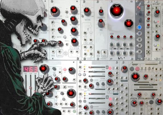 A complex control panel whose knobs have all been replaced with the menacing red eye of HAL9000 from Kubrick’s ‘2001: A Space Odyssey.’ A skeletal figure on one side of the image reaches out a bony finger to twiddle one of the knobs. Image: Cryteria (modified) https://commons.wikimedia.org/wiki/File:HAL9000.svg CC BY 3.0 https://creativecommons.org/licenses/by/3.0/deed.en — djhughman https://commons.wikimedia.org/wiki/File:Modular_synthesizer_-_%22Control_Voltage%22_electronic_music_shop_in