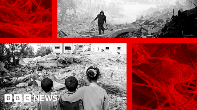 Composite image showing Palestinians in Gaza standing next to destroyed buildings and asbestos fibres under a microscope
