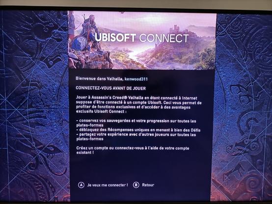 Capture d'écran sur Xbox One du pop-up Ubisoft Connect qui tente d'imposer la création d'un compte pour jouer à un jeu solo... Ici Assassin's Creed Valhalla. Capture d'écran sur Xbox One du pop-up Ubisoft Connect qui tente d'imposer la création d'un compte pour jouer à un jeu solo... Ici Assassin's Creed Valhalla.