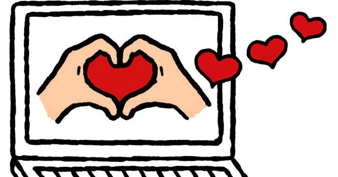 Zeichnung eines Laptops, auf dessen Bildschirm groß der Emoji zu sehrn, ist, bei dem zwei Hände ein Herz formen. Aus dem rot gefärbten Herz kommennweitere Herzen heraus, die aus dem Bildschirm hinaus fliegen. Zeichnung eines Laptops, auf dessen Bildschirm groß der Emoji zu sehrn, ist, bei dem zwei Hände ein Herz formen. Aus dem rot gefärbten Herz kommennweitere Herzen heraus, die aus dem Bildschirm hinaus fliegen.