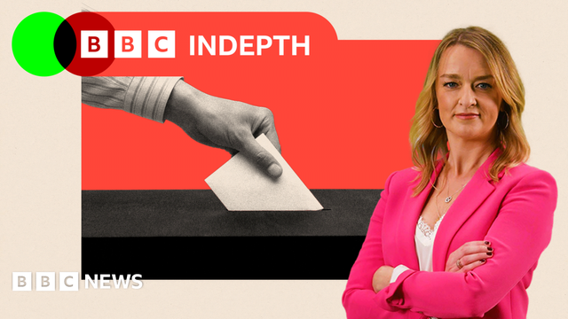 X A treated image of a person putting their voting card in a ballot box with a edited image of Laura Kuenssberg on the side