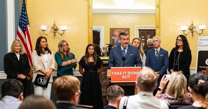 Senator Ted Cruz, Republican of Texas, at a news conference on the “Take It Down Act” last year. The bill passed both the Senate and the House with strong bipartisan support.