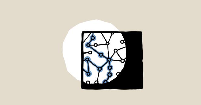 A hand-drawn image where a black square overlaps with a white circle, revealing nodes and connections inside the circle, some of which are highlighted